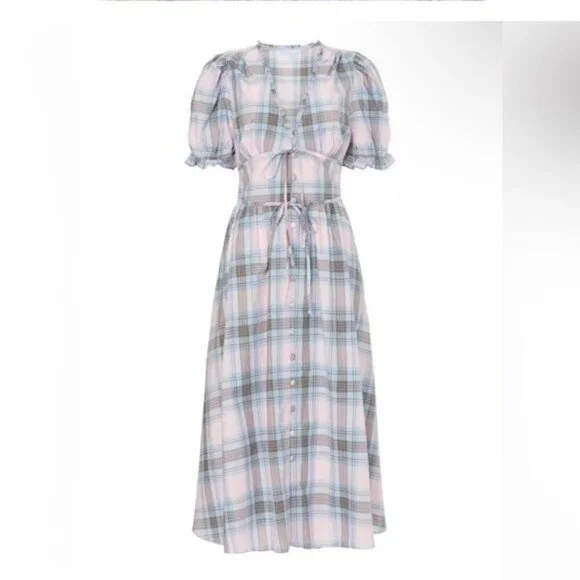 Hill House Sabrina Nap Dress in Spring Plaid Blue Pink Cottagecore Farmhouse M • - Picture 7 of 12